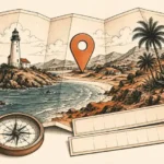 Ilustración de un mapa costero con marcador y brújula para planificar un tatuaje de coordenadas
