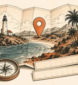 Ilustración de un mapa costero con marcador y brújula para planificar un tatuaje de coordenadas