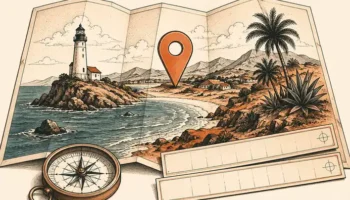 Ilustración de un mapa costero con marcador y brújula para planificar un tatuaje de coordenadas