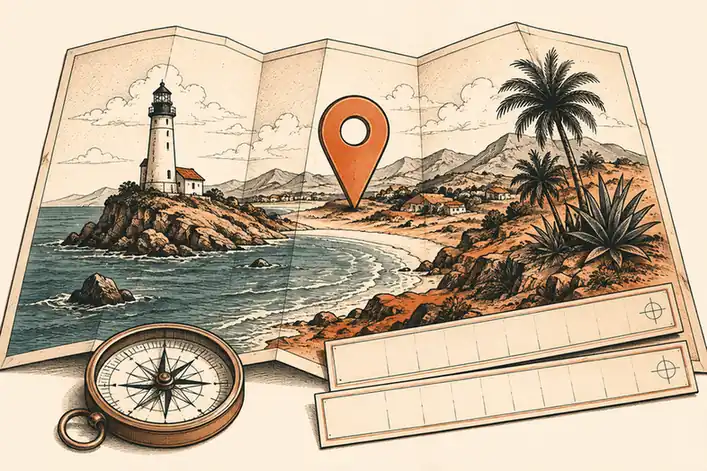 Ilustración de un mapa costero con marcador y brújula para planificar un tatuaje de coordenadas