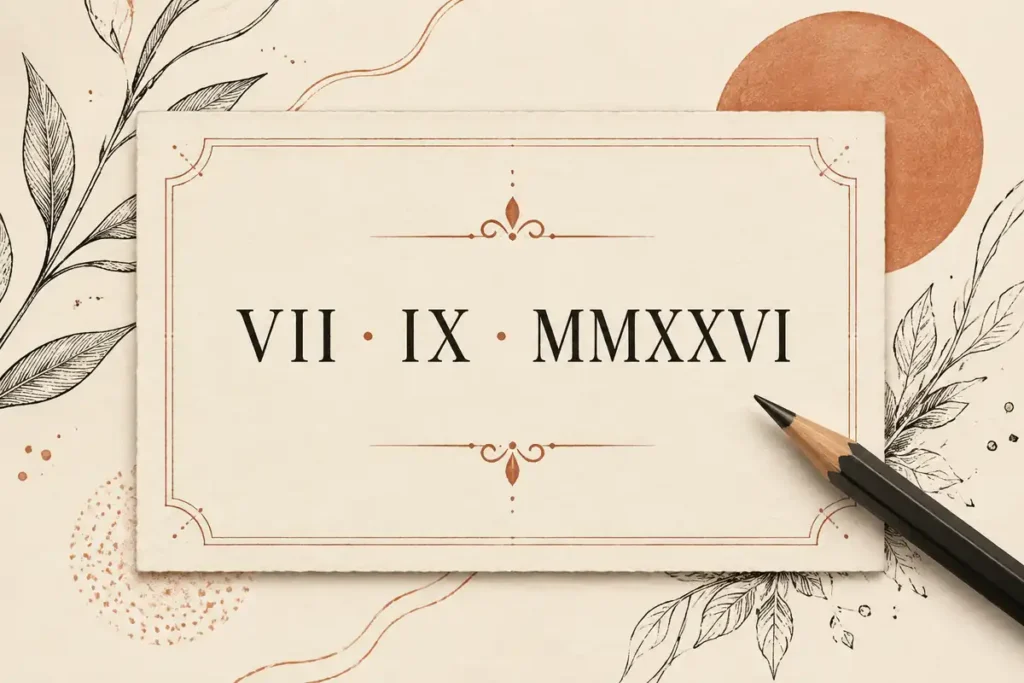 Fecha VII · IX · MMXXVI en una tarjeta ilustrada como ejemplo de números romanos