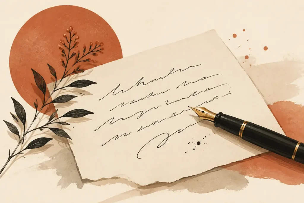 Ilustración de una nota con trazos manuscritos, pluma y rama botánica