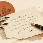 Ilustración de una nota con trazos manuscritos, pluma y rama botánica
