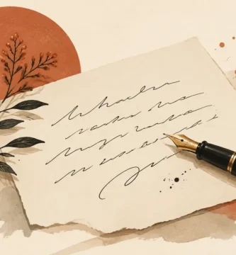 Ilustración de una nota con trazos manuscritos, pluma y rama botánica