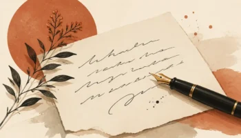 Ilustración de una nota con trazos manuscritos, pluma y rama botánica