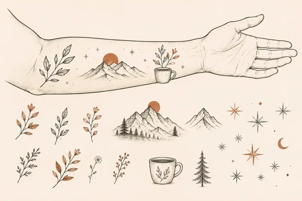 Boceto conceptual de un antebrazo con motivos separados para una colección patchwork