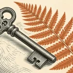 Ilustración de una llave antigua y un helecho con tramas de estilo grabado