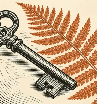 Ilustración de una llave antigua y un helecho con tramas de estilo grabado