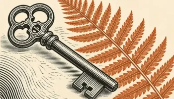 Ilustración de una llave antigua y un helecho con tramas de estilo grabado