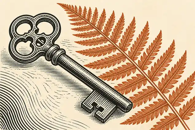 Ilustración de una llave antigua y un helecho con tramas de estilo grabado