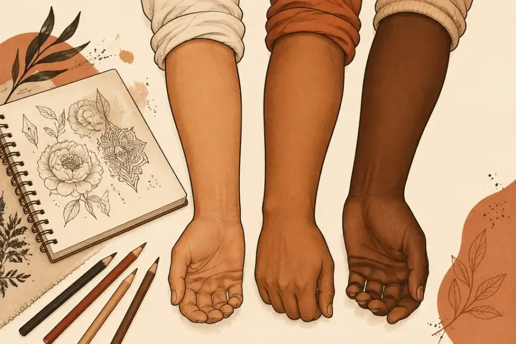 Ilustración de antebrazos con distintos tonos de piel morena junto a un cuaderno de diseño