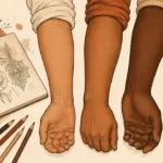 Ilustración de antebrazos con distintos tonos de piel morena junto a un cuaderno de diseño