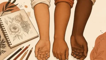 Ilustración de antebrazos con distintos tonos de piel morena junto a un cuaderno de diseño