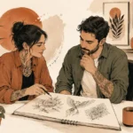 Ilustración de una consulta de diseño entre dos personas en un estudio de tatuajes
