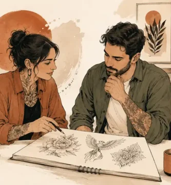 Ilustración de una consulta de diseño entre dos personas en un estudio de tatuajes