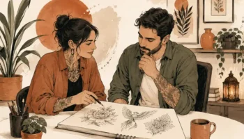 Ilustración de una consulta de diseño entre dos personas en un estudio de tatuajes