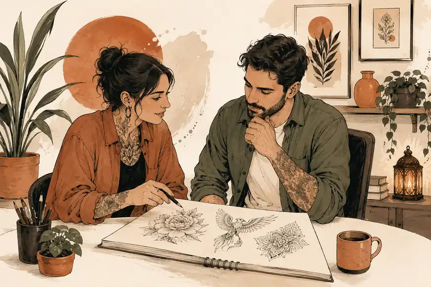 Ilustración de una consulta de diseño entre dos personas en un estudio de tatuajes