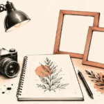 Ilustración de una cámara, lámpara y marcos vacíos para una guía sobre fotografías de tatuajes