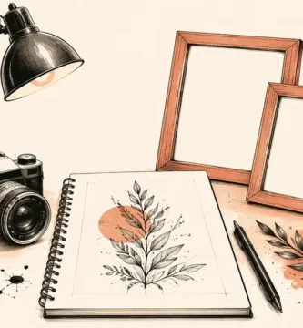 Ilustración de una cámara, lámpara y marcos vacíos para una guía sobre fotografías de tatuajes