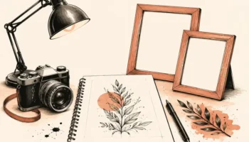 Ilustración de una cámara, lámpara y marcos vacíos para una guía sobre fotografías de tatuajes