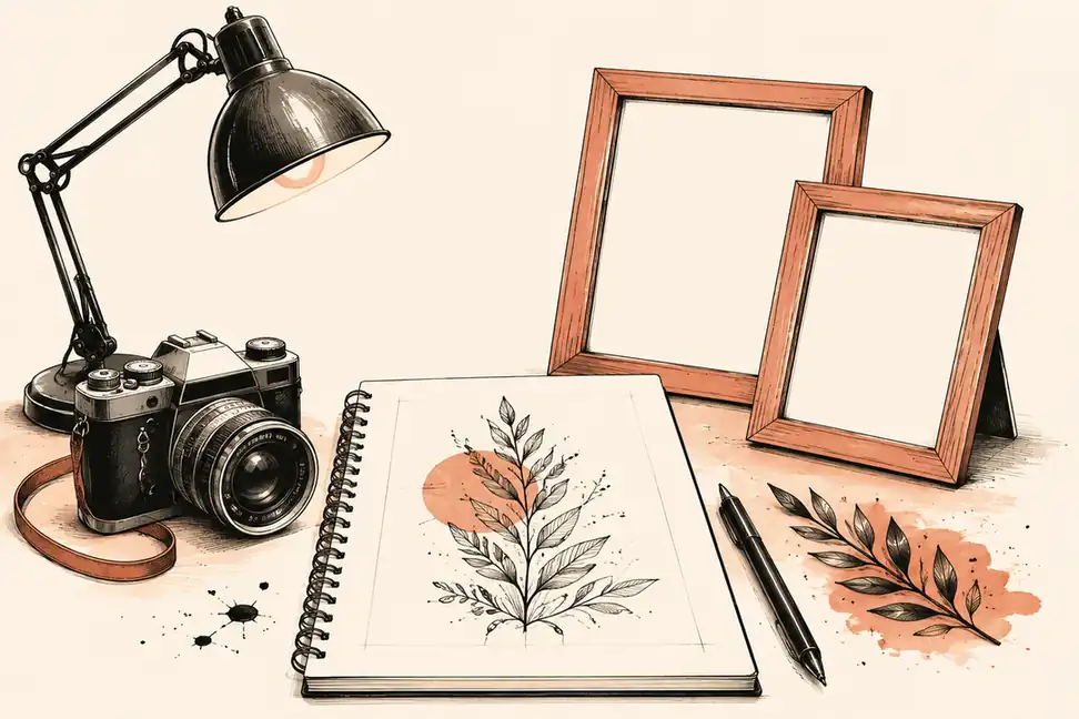 Ilustración de una cámara, lámpara y marcos vacíos para una guía sobre fotografías de tatuajes