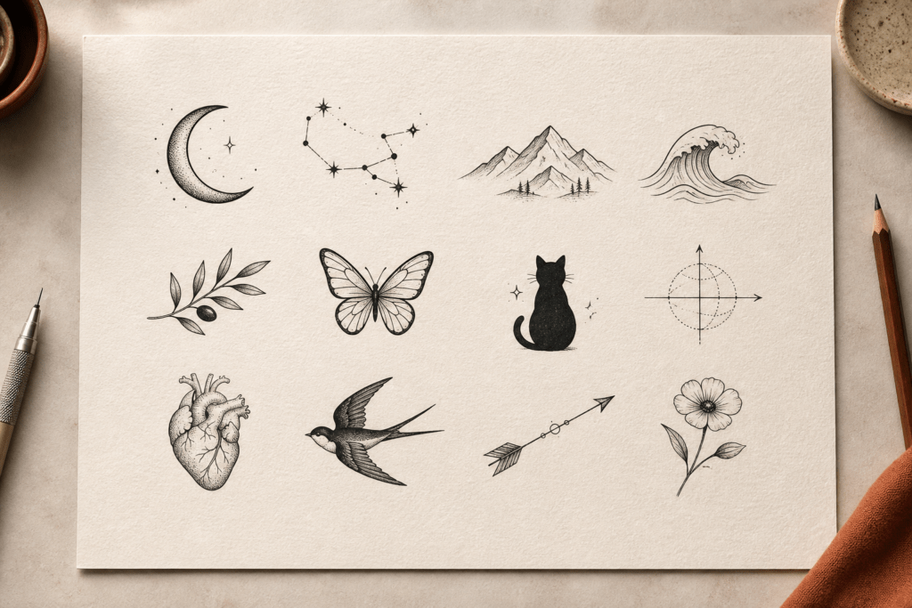 Lámina con doce diseños de tatuajes pequeños, como una rosa, una mariposa, una ola y una luna