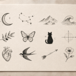 Lámina con doce diseños de tatuajes pequeños, como una rosa, una mariposa, una ola y una luna