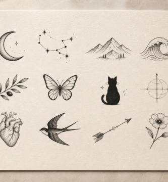 Lámina con doce diseños de tatuajes pequeños, como una rosa, una mariposa, una ola y una luna