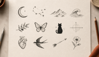 Lámina con doce diseños de tatuajes pequeños, como una rosa, una mariposa, una ola y una luna